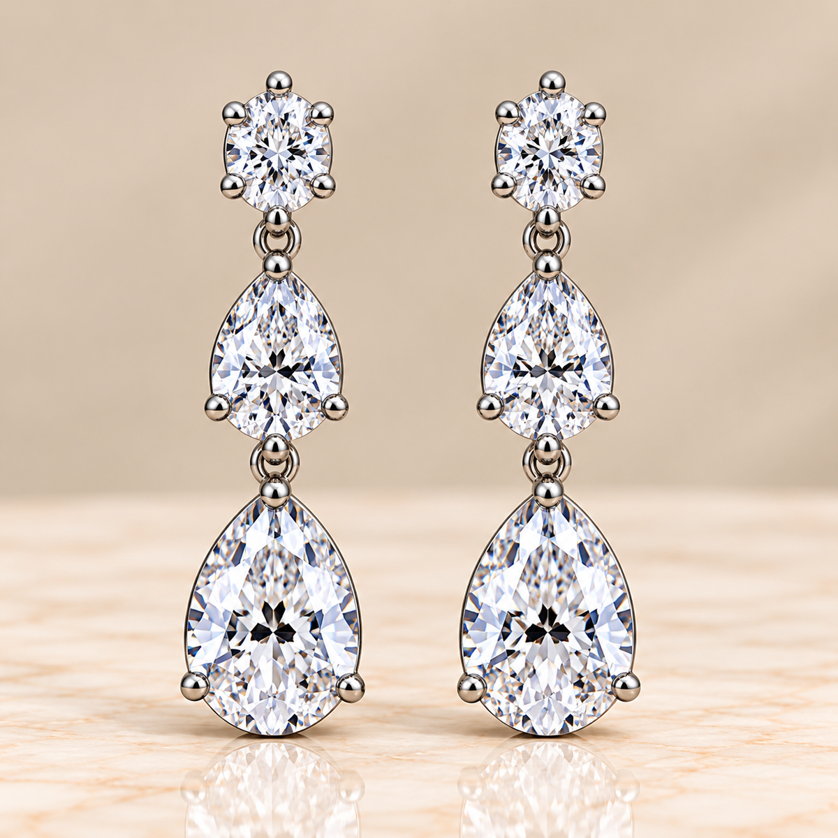 Three-Stone Oval & Pear Diamond Drop Earrings
