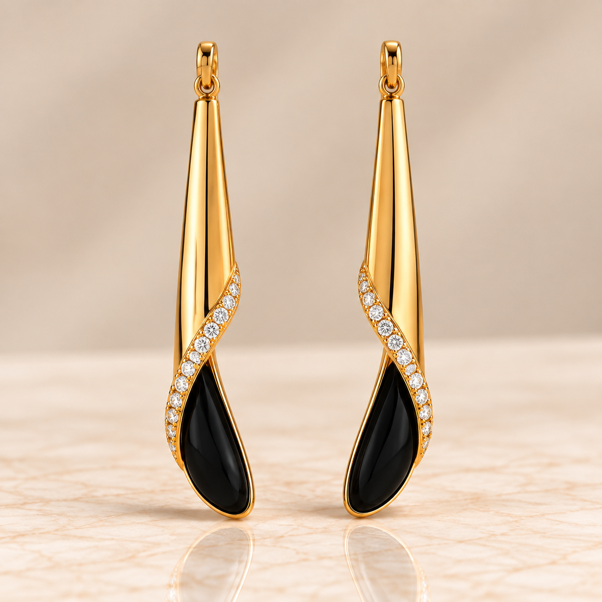 Onyx & Diamond Sculptural Drop Earrings