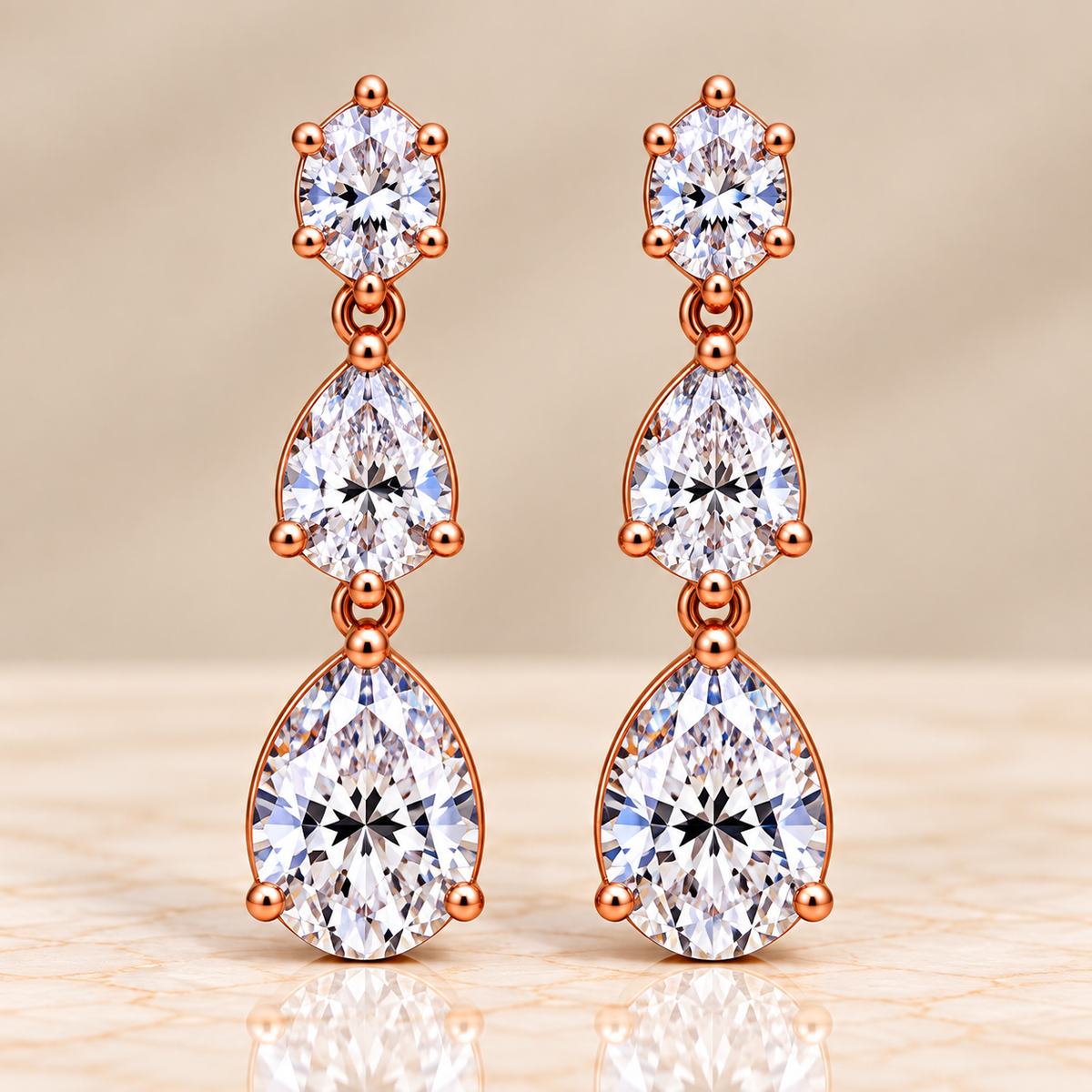 Three-Stone Oval & Pear Diamond Drop Earrings