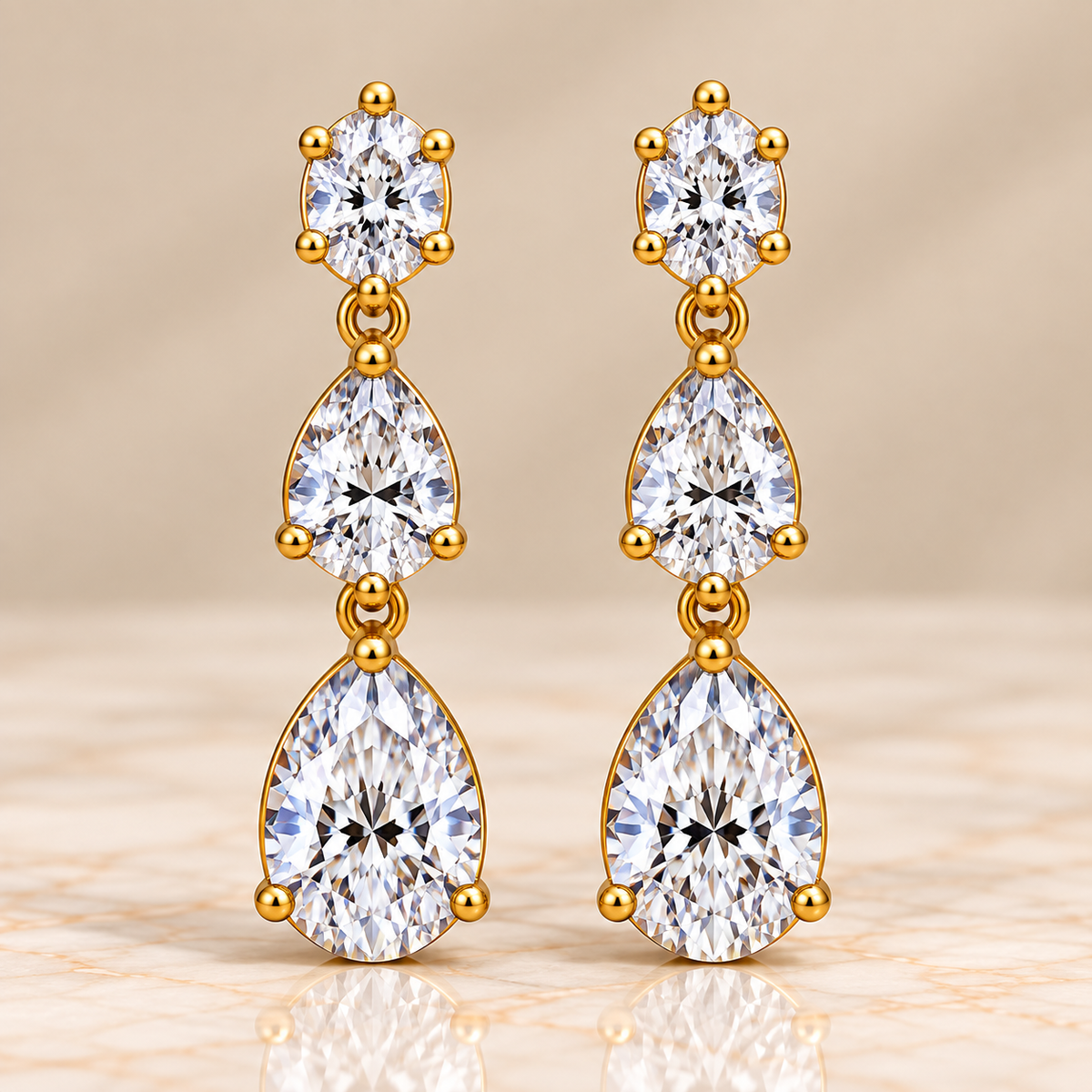 Three-Stone Oval & Pear Diamond Drop Earrings