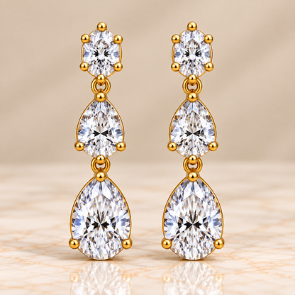 Three-Stone Oval & Pear Diamond Drop Earrings