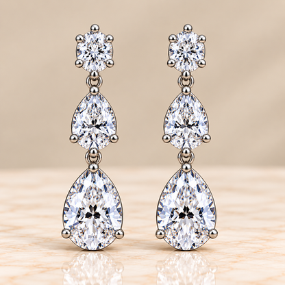 Three-Stone Oval & Pear Diamond Drop Earrings